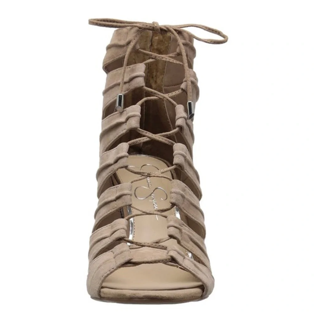Jessica Simpson Suede JS‎ Mahiri Women's Lace-Up Tan Heeled Sandals.New Peep Toe